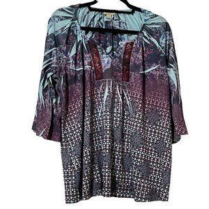 One World women's size 1X aqua purple blue split neck 3/4 sleeve top
